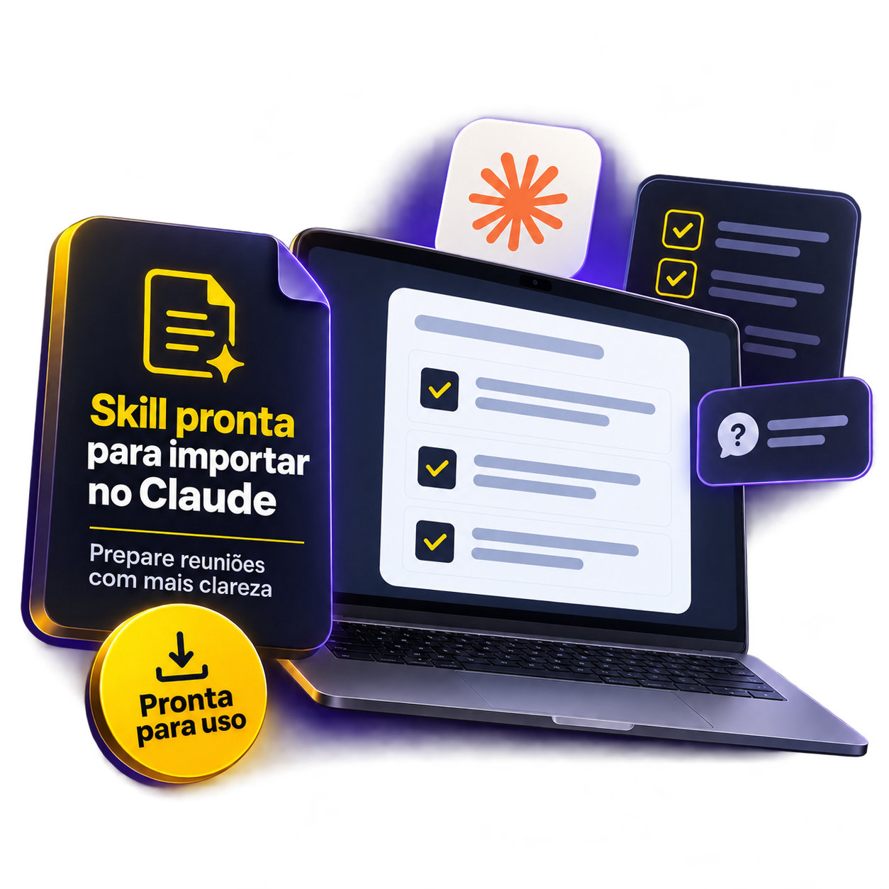 Mockup ilustrativo da Skill para Claude, com notebook e roteiro organizado em checklist.