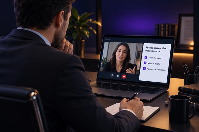 Advogado em videochamada com cliente, com roteiro preparado com inteligência artificial ao lado da chamada.