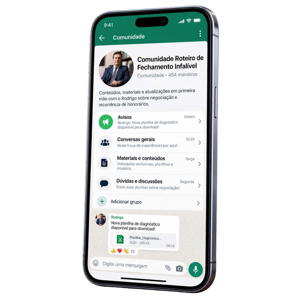 Mockup ilustrativo da comunidade no WhatsApp, exibida em um celular.