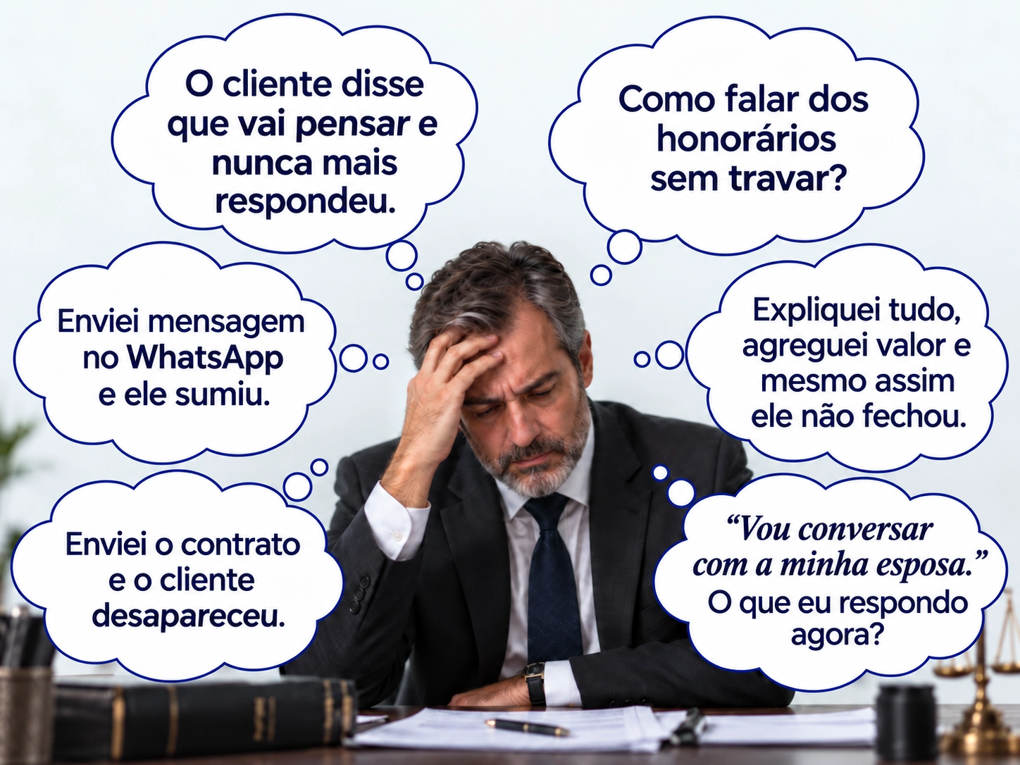 Advogado mais velho e cansado no escritório, cercado por seis pensamentos sobre reuniões sem contrato, dificuldades para falar de honorários e clientes que não respondem.