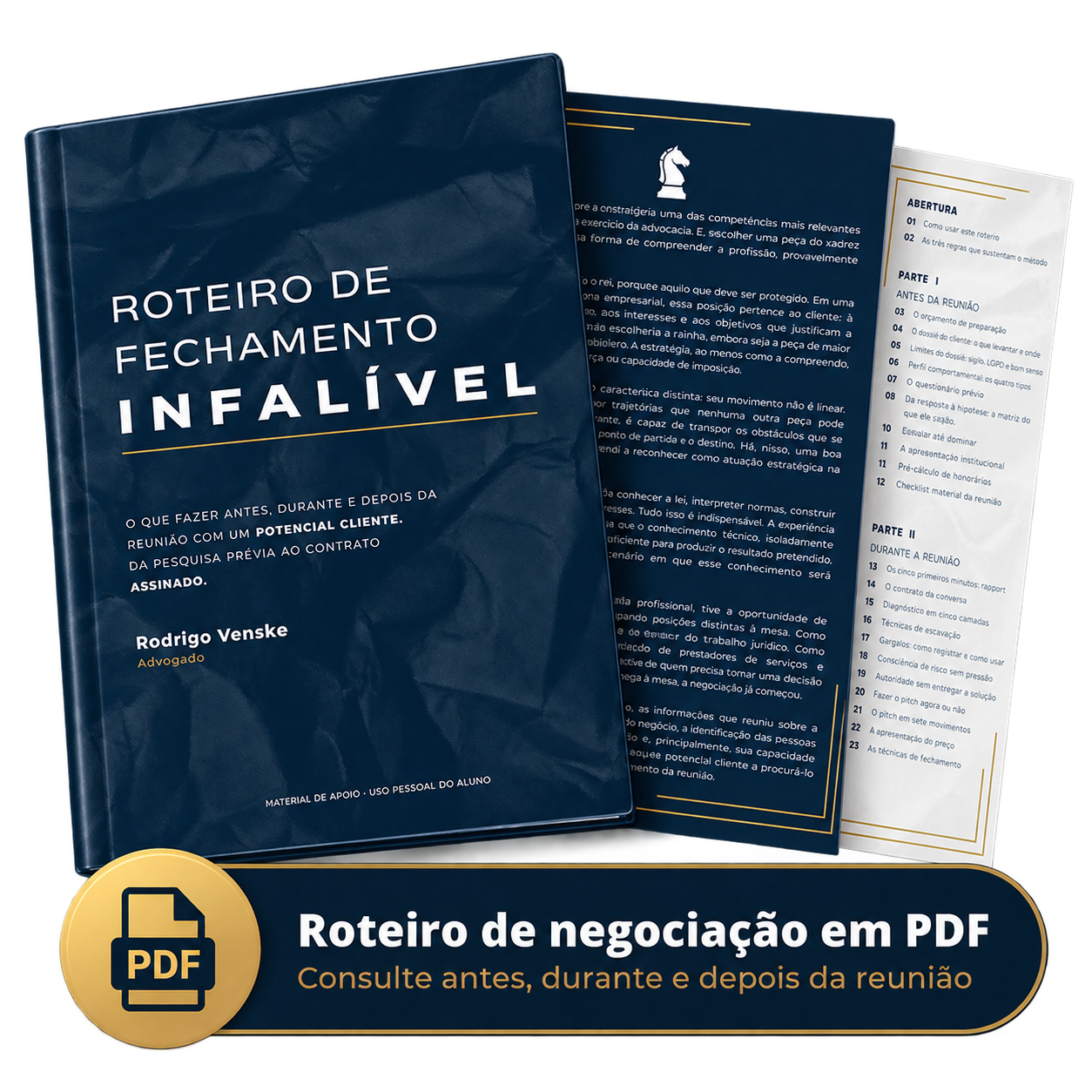 Mockup do guia digital Roteiro de Fechamento Infalível, com capa e amostras das páginas internas.